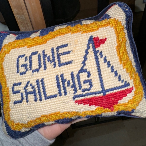 Vintage Needlepoint pillow Gone Sailing nautical two’s company mini navy boat - Picture 4 of 7